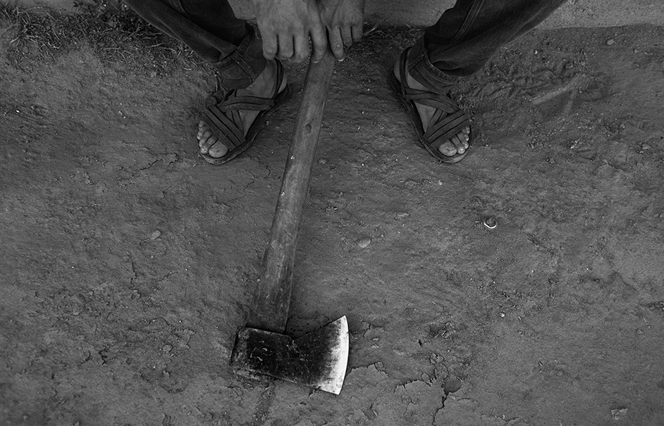 black and white image of axe