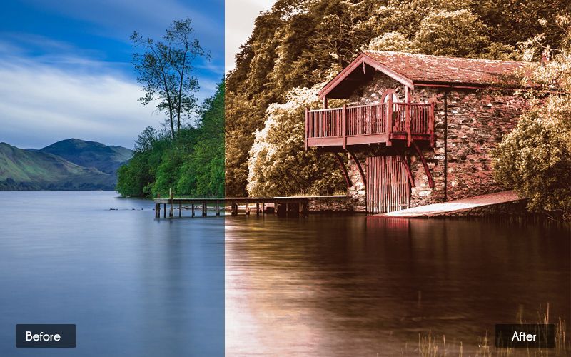 Before & after image of 50 Premium Photoshop Actions