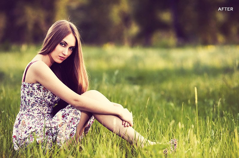 An after image of a woman posing while sitting on grass