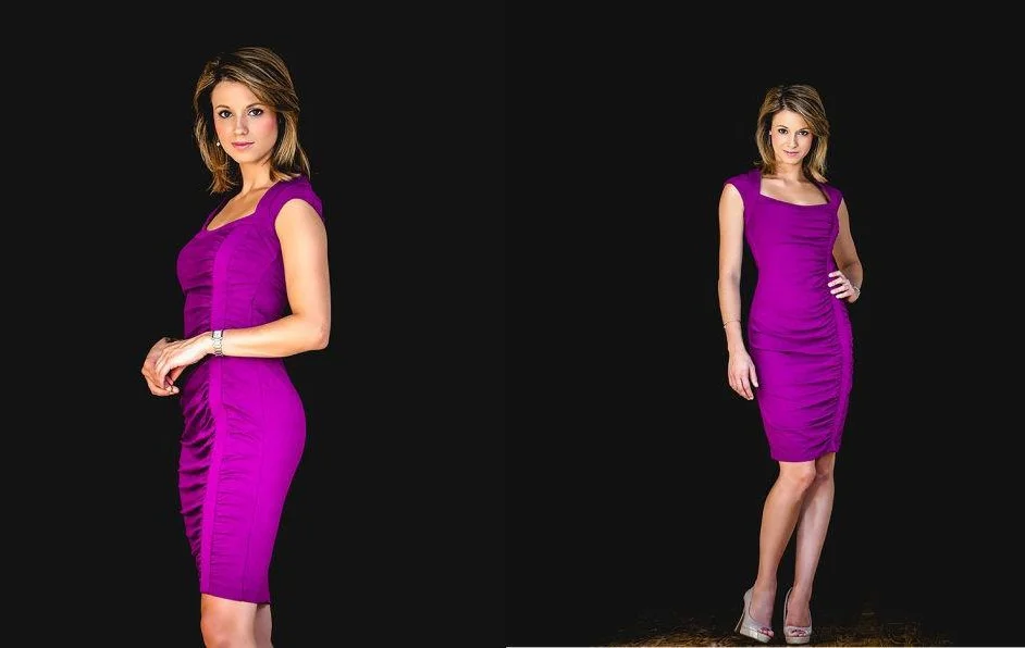 a model striking a pose in a purple dress