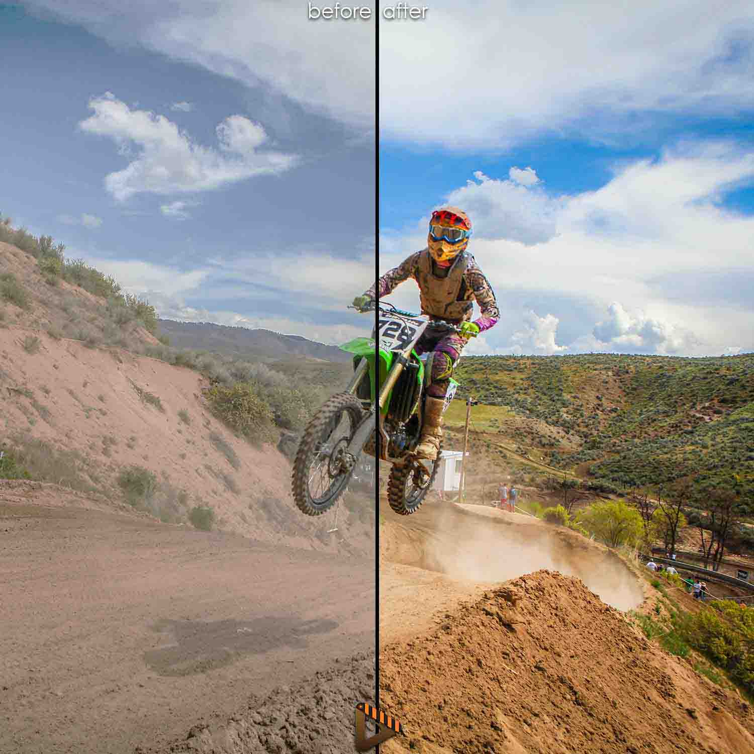 motocross rider on track with affinity preset applied before and after