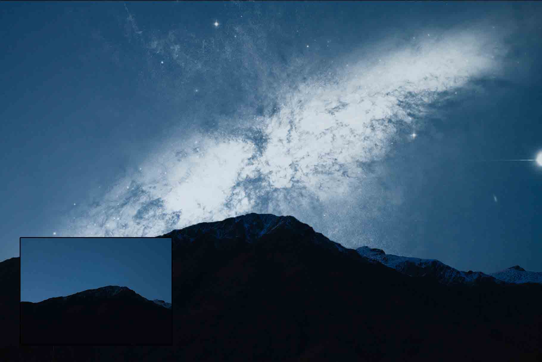 mountain silhouette at night with cosmic weather painted into it before and after