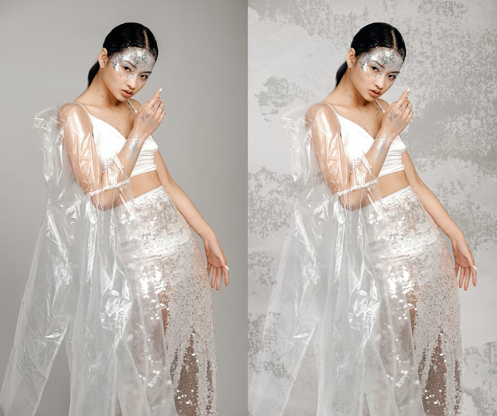 girl wearing white, glittery dress on a non textured and brushed texture background