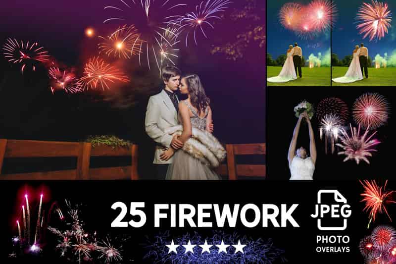 collage of couples with fireworks overlays
