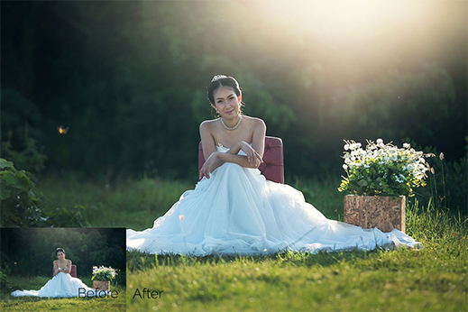 bride sitting on grass with sunlight overlay applied