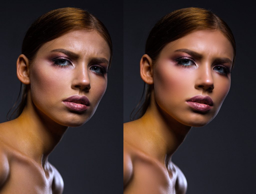 model face portrait before and after with retouching presets applied