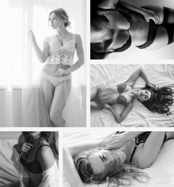 collage of 5 black & white boudoir model poses