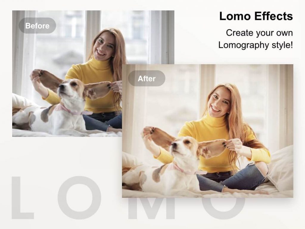 a girl wearing yellow holding the ears of a dog before and after with lomo effects applied