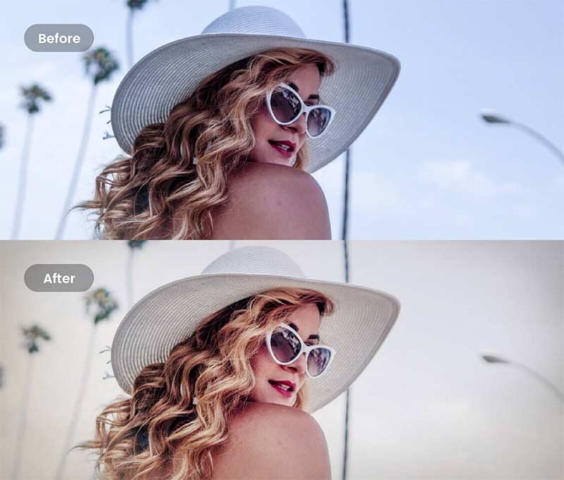 female wearing beach hat and sunglasses face portrait before & after with ps action applied