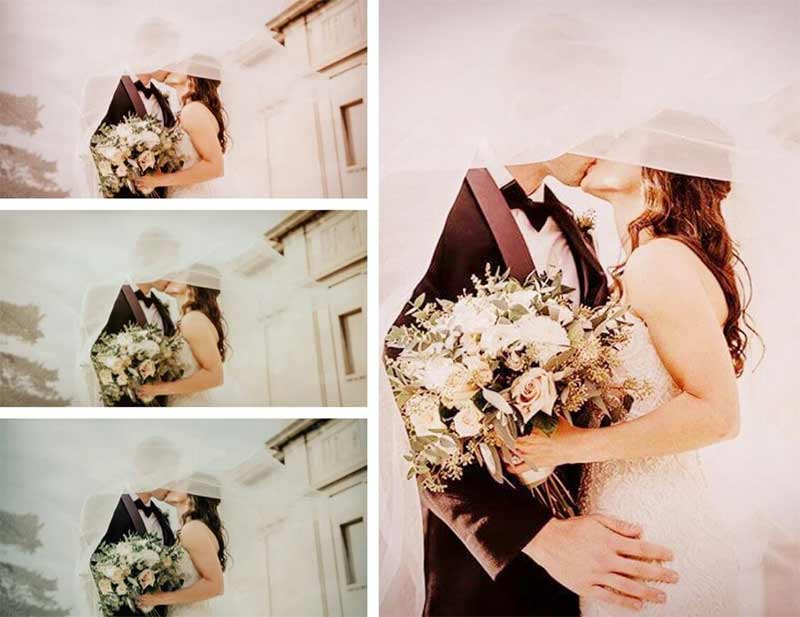 candids collage of bride and groom kissing under a white cloth