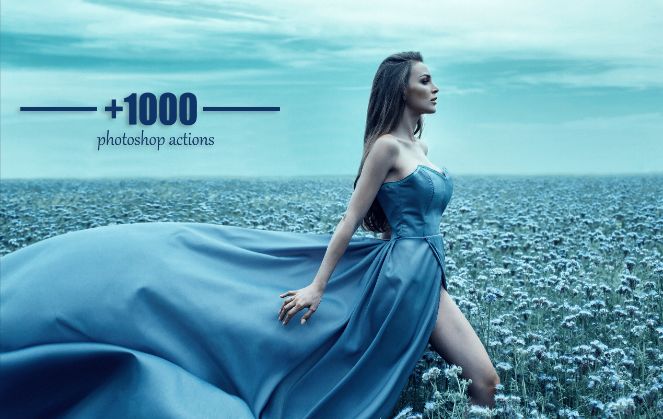 model wearing a blue gown on a field of blue flowers photoshop actions bundle cover