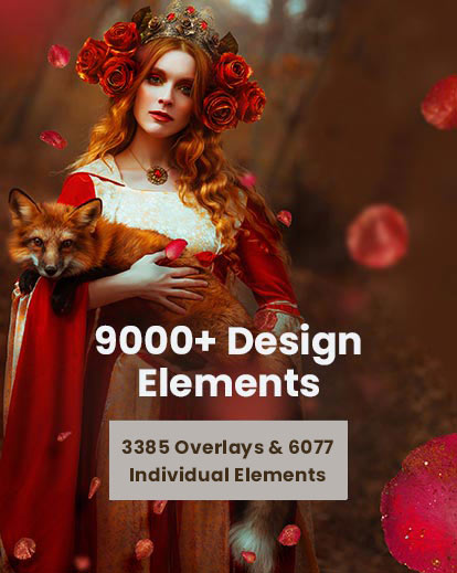 female model holding a small fox in a red fantasy background - cover image of design elements bundle