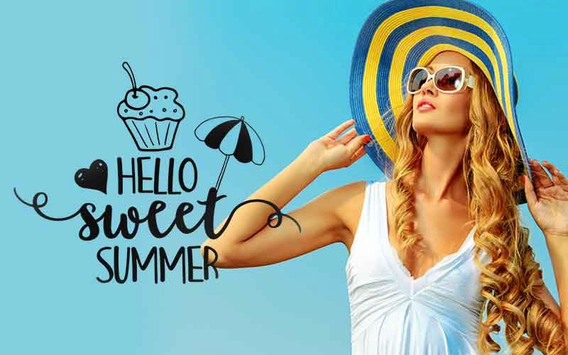 girl wearing shades and beach cap with hello sweet summer text