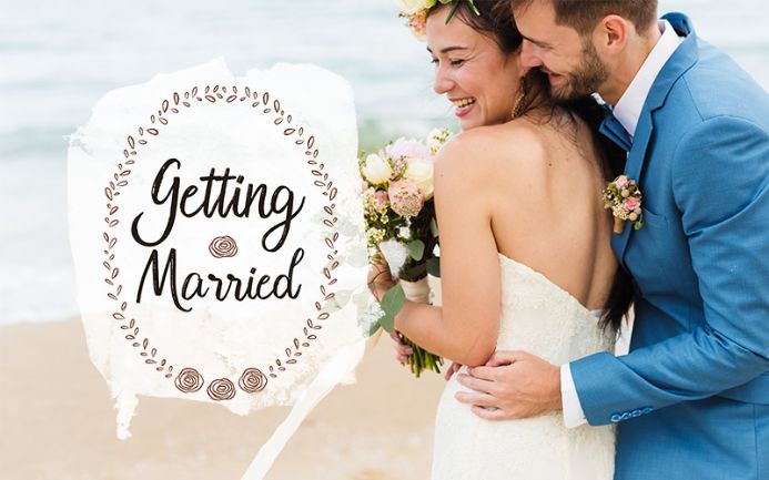 cheerful bride and groom with "getting married" text overlay