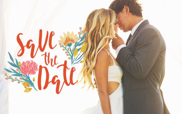 couples wearing bridal dress with save the date text