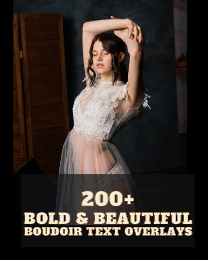 model wearing white dress boudoir text overlays bundle cover