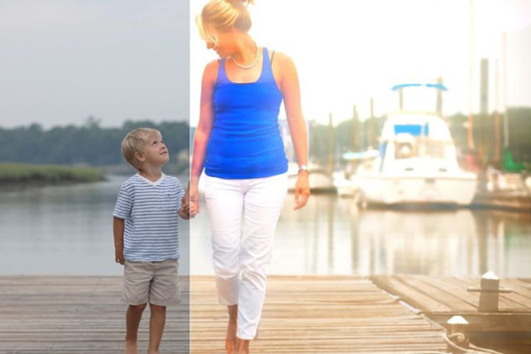 mom and son walking on a wooden bridge beside a dock - daytime weather effect applied before & after