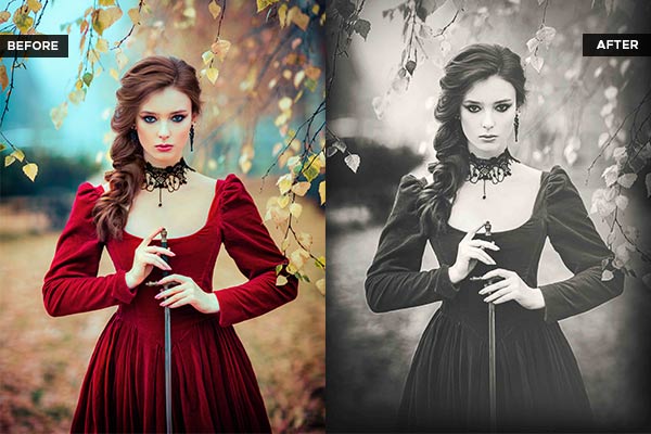 girl wearing a red dress with Hollywood Lighting vintage effect before and after