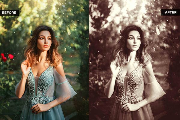 girl wearing blue dress with hollywood lighting vintage effect before and after