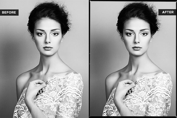black and white portrait of a young lady Hollywood Lighting effects before & after