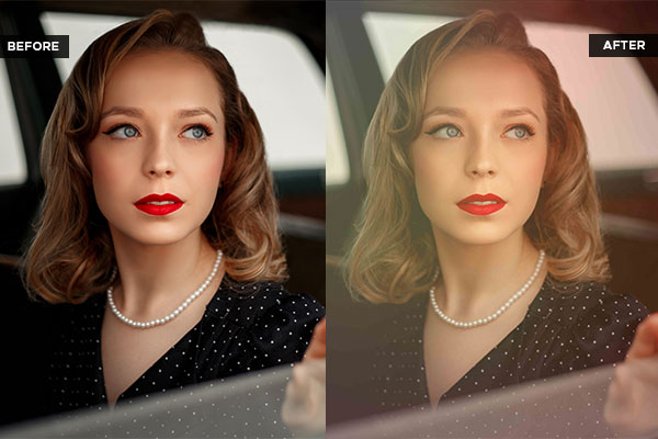 girl wearing a black dress and white pearl necklace with lighting gobos effect before and after