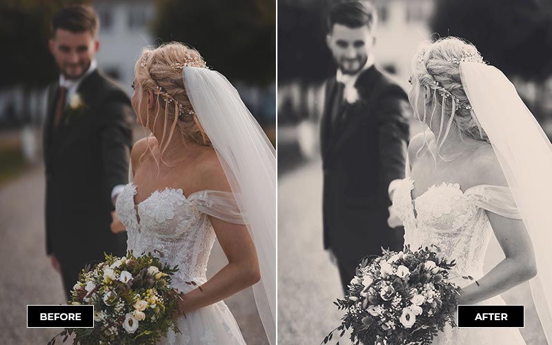couples holding hands in bridal wear before & after with black and white filter applied