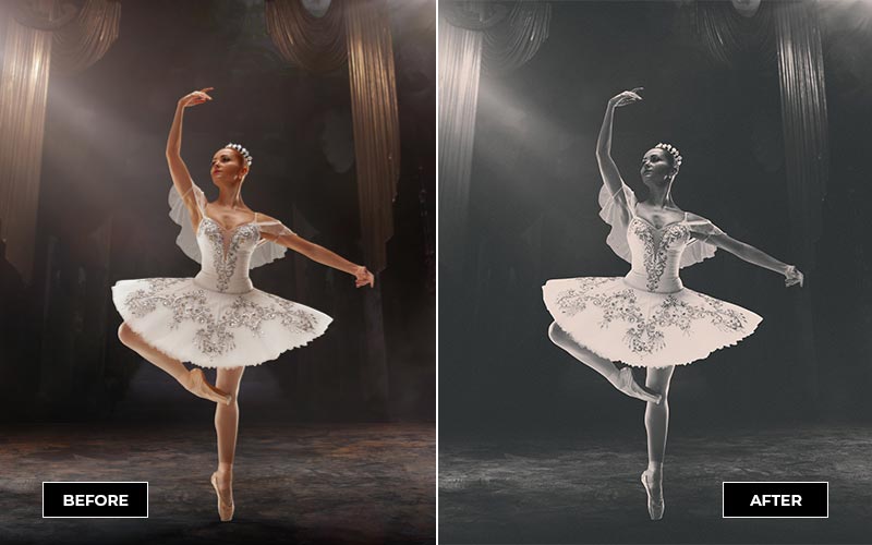 colored and bw before & after image of girl wearing white ballet dress