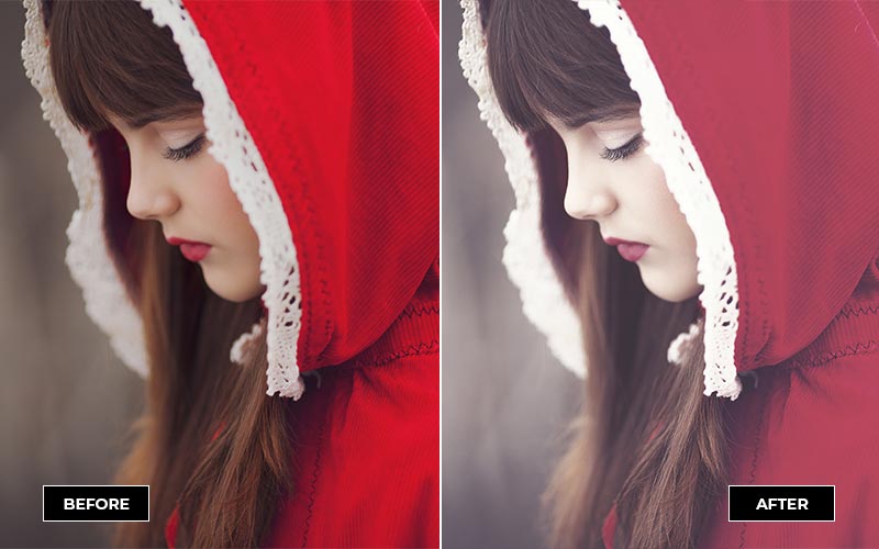 female wearing a red hoodie with easy peasy filter applied before and after