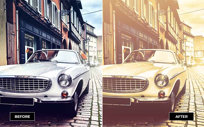 white vintage car with yellow premium filter applied before and after