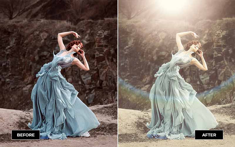 female model striking a dance pose wearing a blue dress before and after lensflare applied