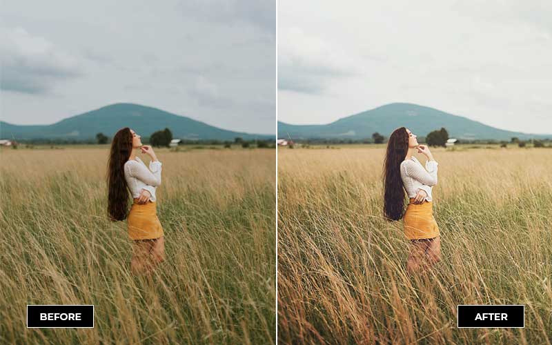 model wearing a white top & yellow mini skirt in the middle of a field