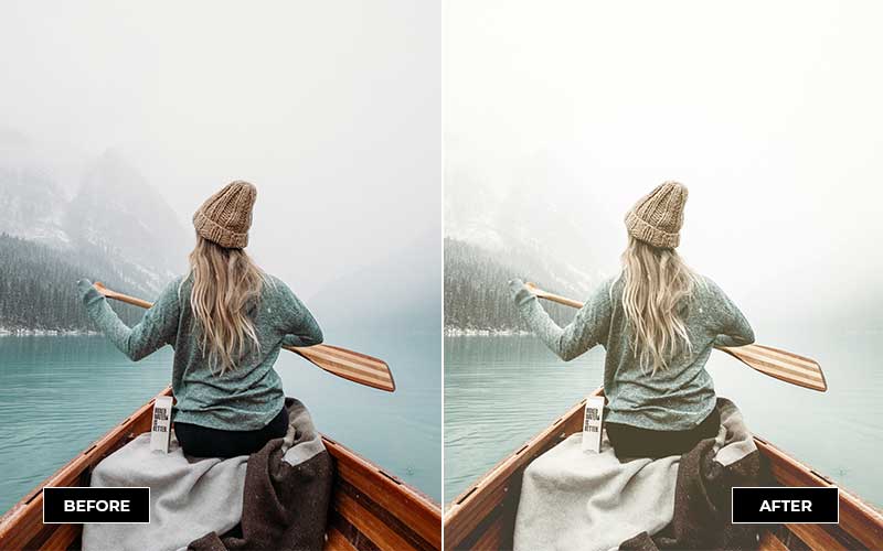 girl rowing boat on a river wearing winter wear before & after ps action applied