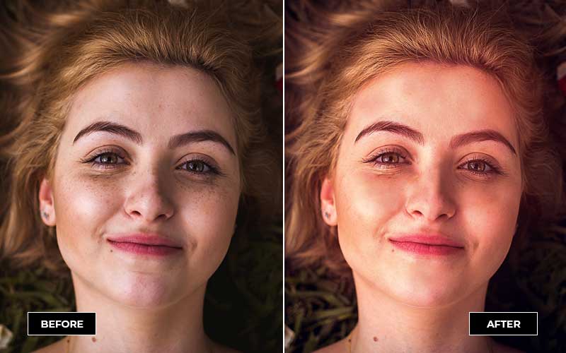 glowing blonde model face portrait before & after photoshop action applied