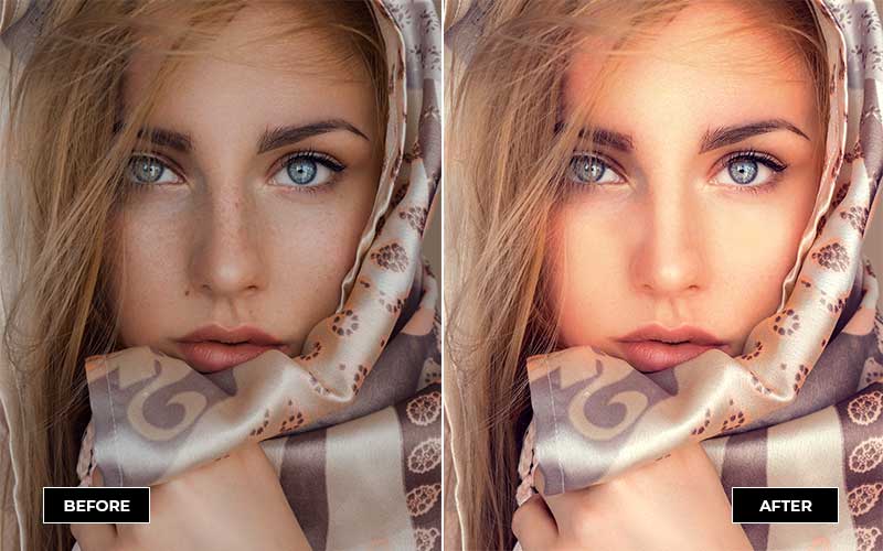 model face portrait before & after photoshop action applied