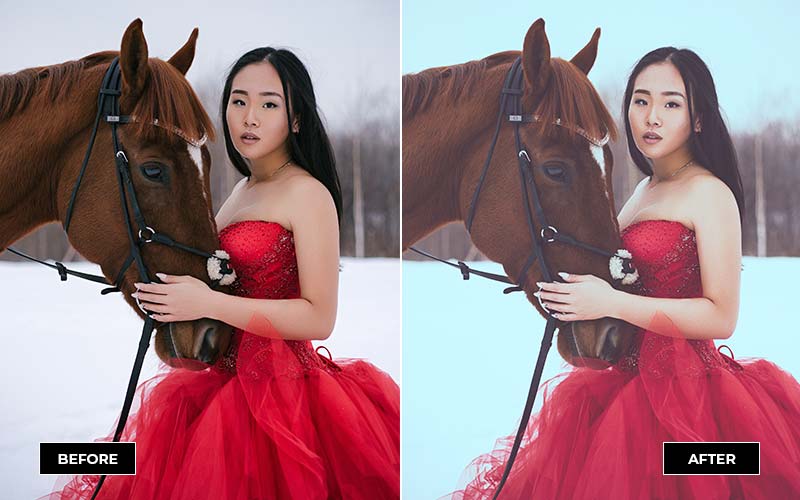 Asian model wearing a red frock holding a brown horse before & after ps effect applied