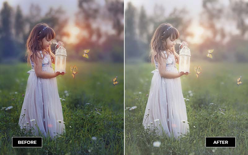 small girl holding a white lamp with butterflies around - before & after ps action applied