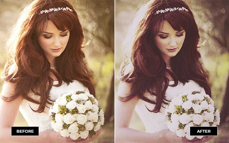 bride holding bouquet portrait before & after with filter applied