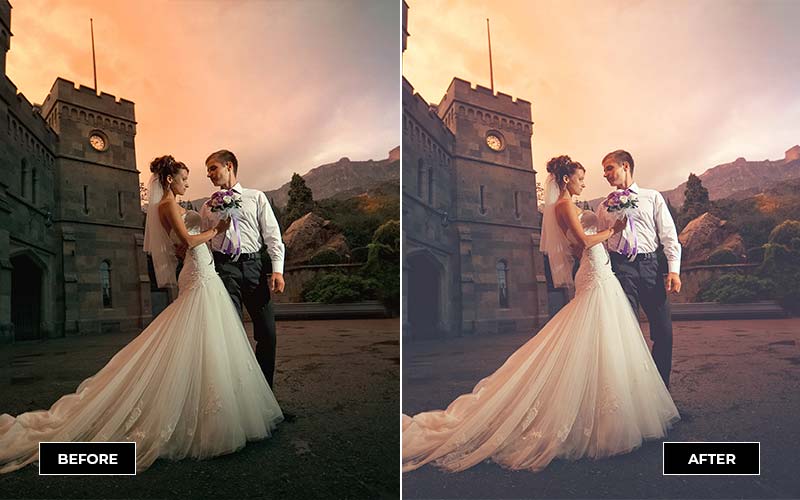 couples wearing bridal dress posing before & after the filter applied