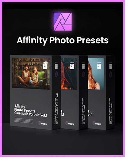 3 affinity photo presets packaging mockups with affinity logo and text overlay