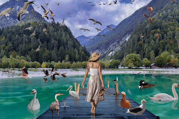 A woman posing while facing backwards with birds and scenery around
