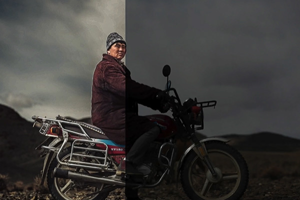 Before and after photo of a man riding a motorcycle