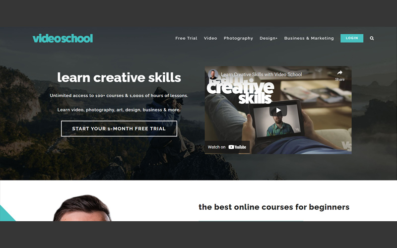 Homepage of a photography website that provides online courses