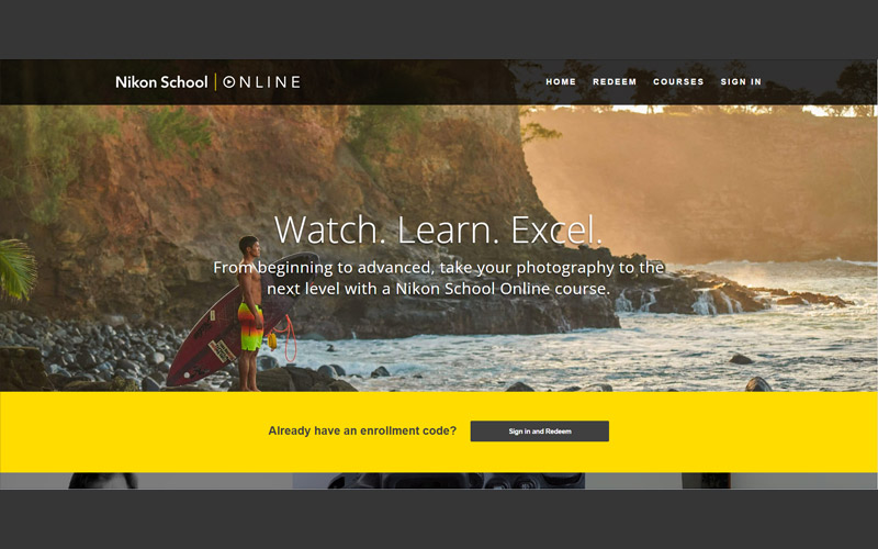 Homepage of Nikon School website which provides online courses on photography