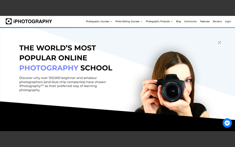 Homepage of a popular online photography school website