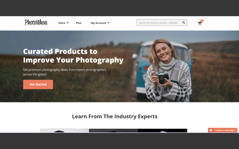 Homepage of a website providing online photography courses