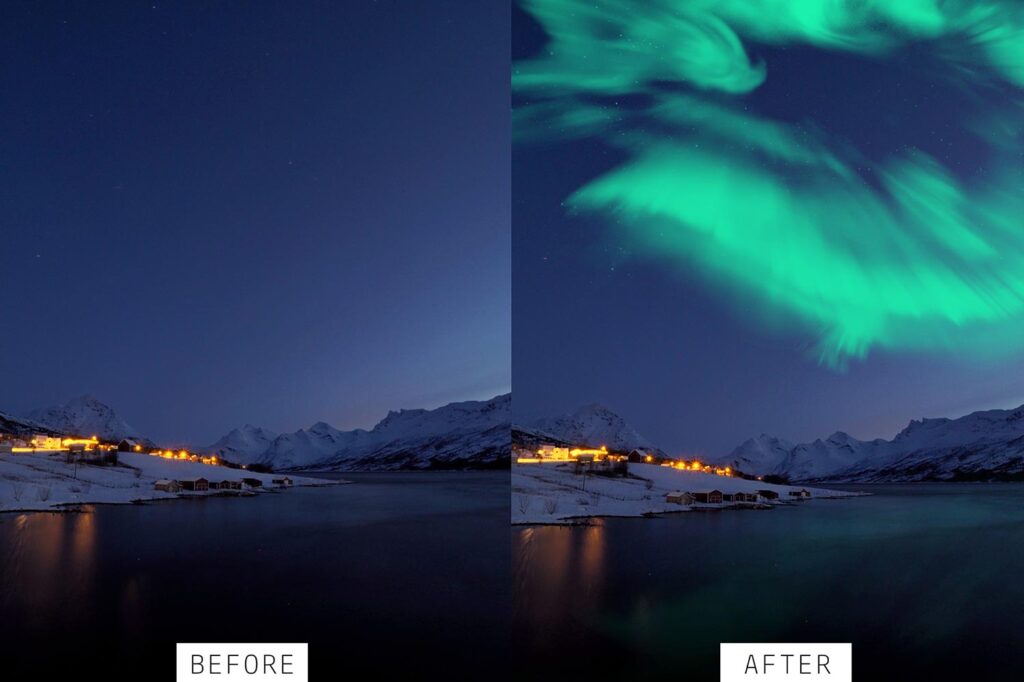 Before and after image with aurora overlay