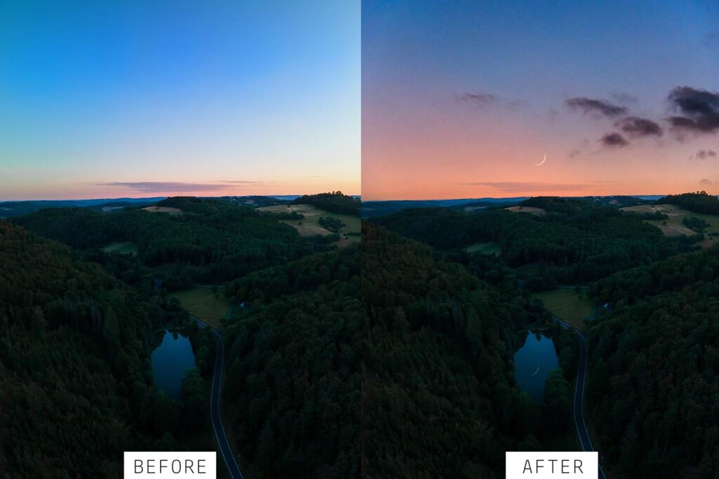 before & after with sunset skies overlay