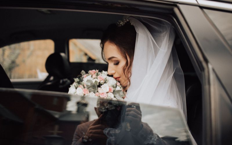 bride in car