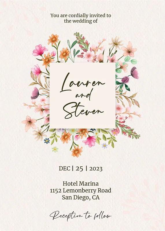 Square floral wedding invitations template
