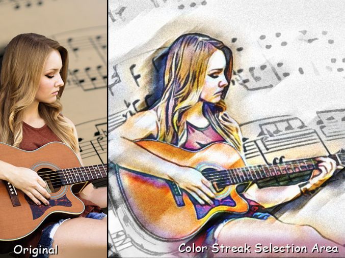 Girl posing with guitar: before/after result- Photoshop script